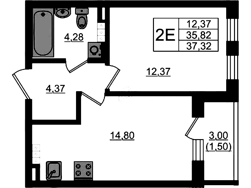 1-комнатная квартира 37.32 м², 4/4 эт., ЖК «Новая история»